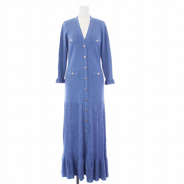【中古】サンドロ SANDRO LONG KNITTED DRESS ロングニットワンピース 七分袖 Vネック 金ボタン 40 M 青 ブルーの通販は