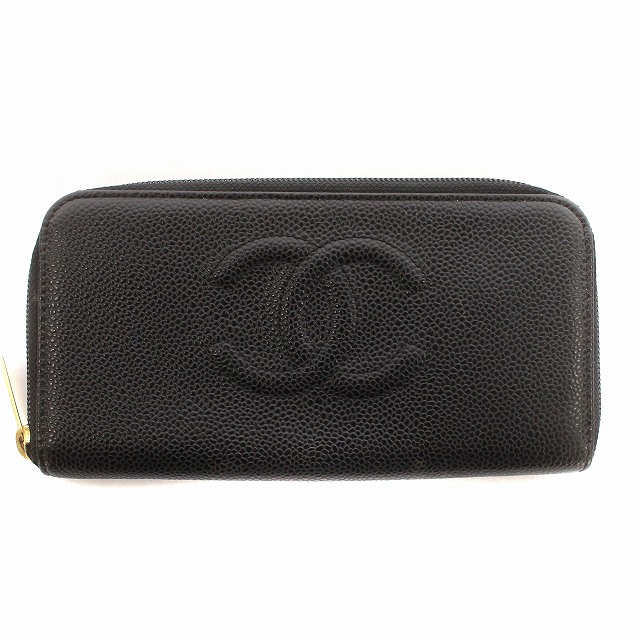 【中古】シャネル CHANEL 長財布 ココマーク 10番台 キャビアスキン ラウンドファスナー レザー 黒 ブラックの通販は