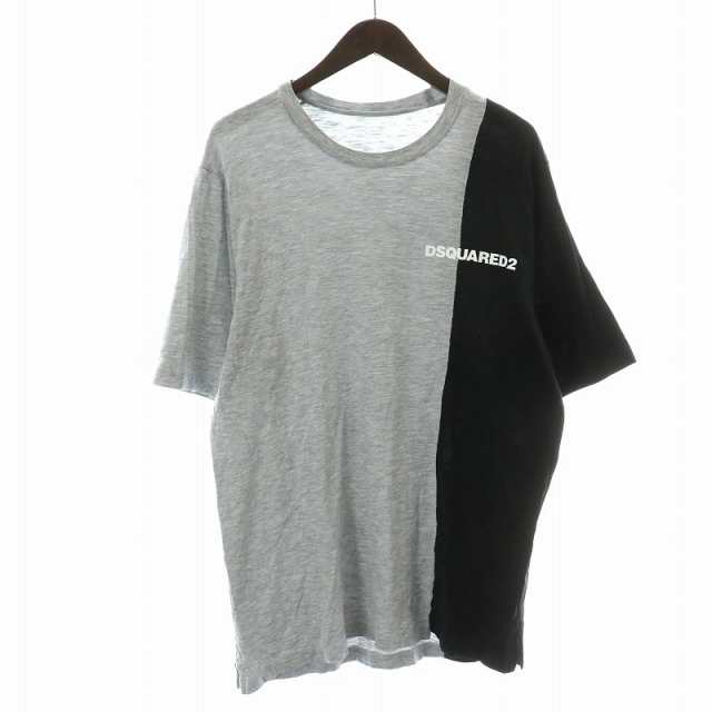 【中古】ディースクエアード Tシャツ カットソー 半袖 クルーネック バイカラー 切替 ロゴプリント XS グレー 黒の通販は