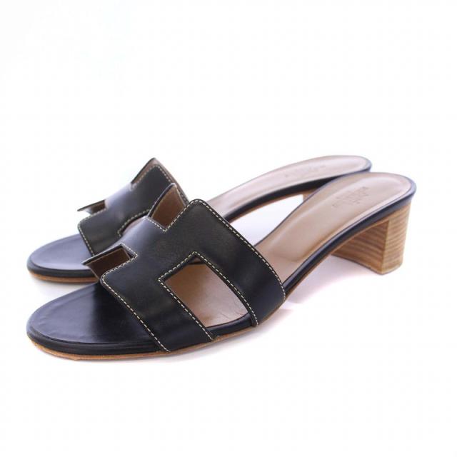 【中古】エルメス HERMES オアジス レザー サンダル ミュール チャンキーヒール レザー 36.5 23.5cm 黒 ブラック