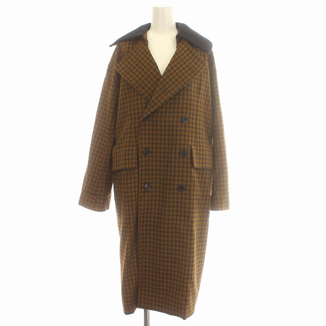 【中古】プランシー PLAN C ロングコート チェック つけ襟 ダブル コート 36 S 茶 ブラウン /☆G レディース