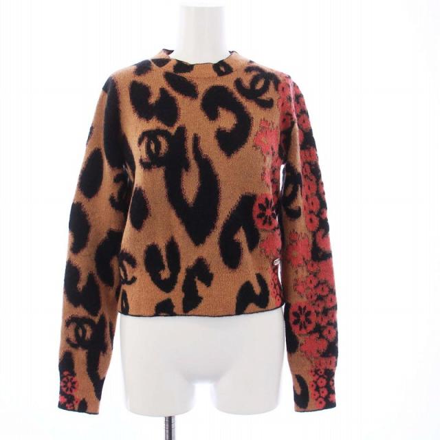 【中古】シャネル ニット セーター 長袖 ココマーク レオパード ヒョウ柄 クロップド丈 カシミヤ モヘヤ 34 茶の通販は 112,500円