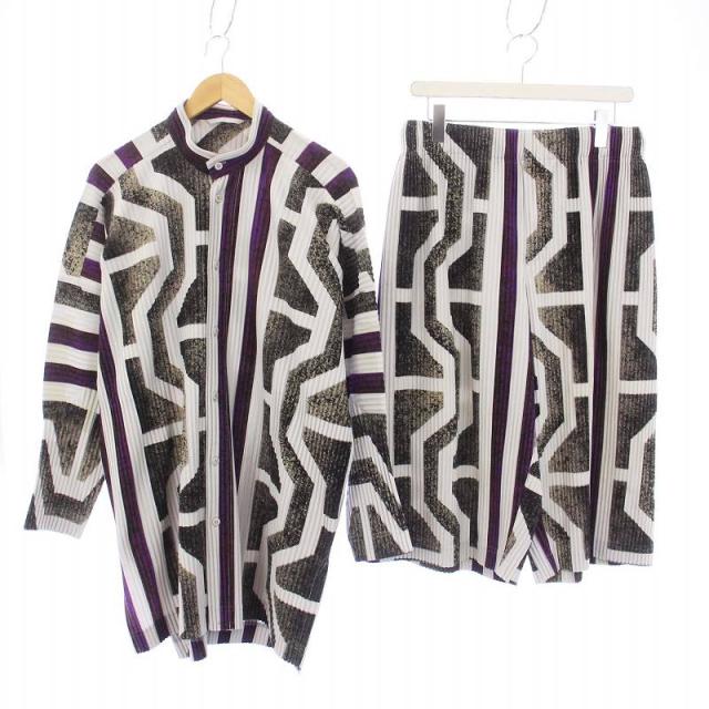 【中古】HOMME PLISSE ISSEY MIYAKE CORNER STRIPE セットアップ 上下 スタンドカラーシャツ ショートパンツ 総柄 2 Mの通販は