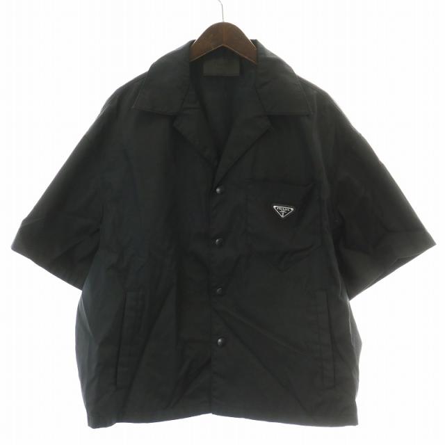 【中古】プラダ PRADA 22SS オープンカラーシャツ カジュアル 半袖 ロゴプレート ワンポイント L 黒 ブラック SC449の通販は