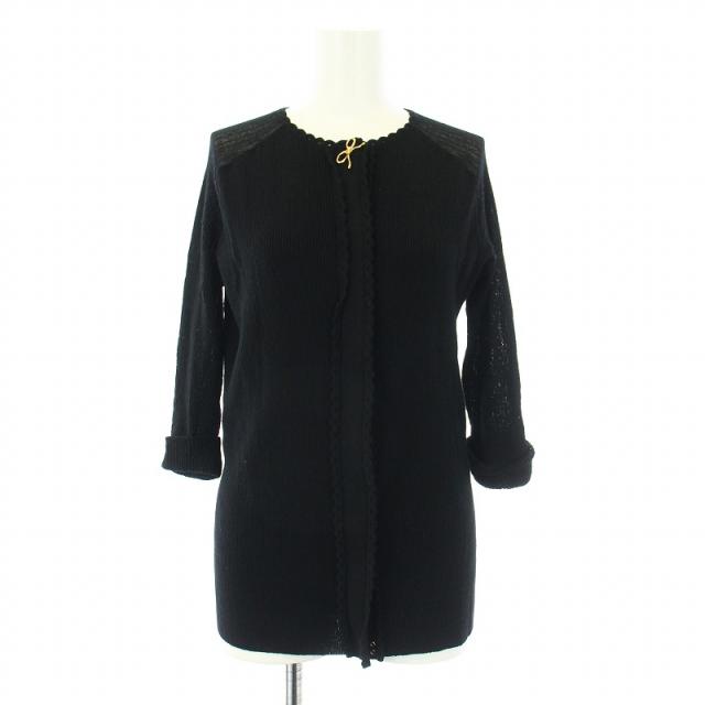 【中古】ルイヴィトン LOUIS VUITTON ニットカーディガン 七分袖 クルーネック 切替 フリル リボン XL 黒 ブラックの通販は