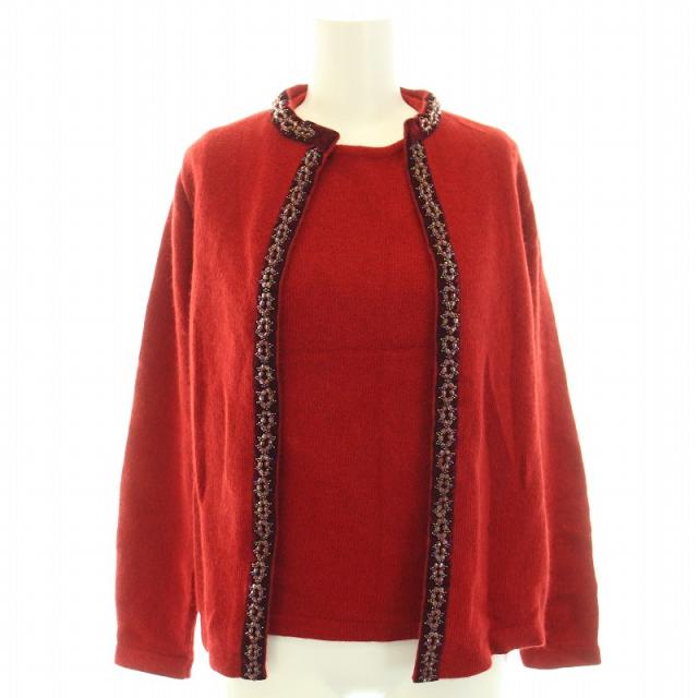 【中古】エトロ アンサンブルニット ビーズ装飾カーディガン 長袖 ノースリーブニット 42 L 赤 レッド レディースの通販は 6,708円