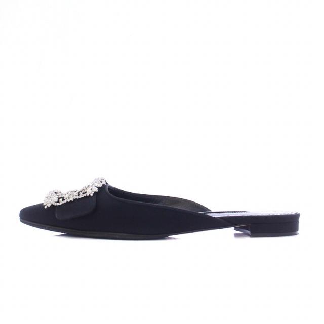 ★美品★マノロブラニク　ハンギシ　ミュール　サンダル　ブラック　35 ビジュー MANOLO BLAHNIK(マノロブラニク) / ハンギシ/ビジュー/サテン