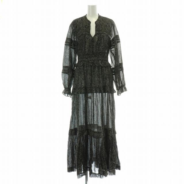【中古】イザベル マラン エトワール フレアワンピース マキシ ロング 長袖 スキッパー 花柄 総柄 黒