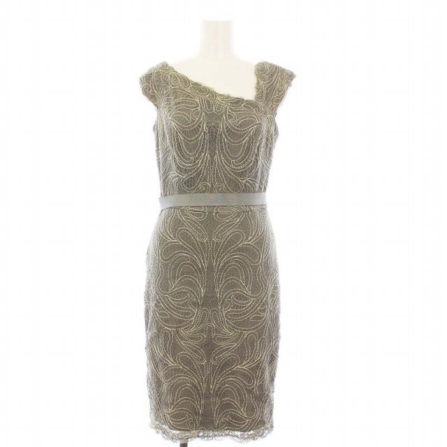 【中古】タダシショージ TADASHI SHOJI ノースリーブワンピース ロング タイト 総レース アシンメトリー 0 XS カーキの通販は