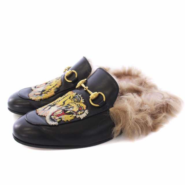 【中古】グッチ GUCCI プリンスタウン ホースビット タイガー サンダル フラット ファー レザー 24cm 黒 ブラックの通販は