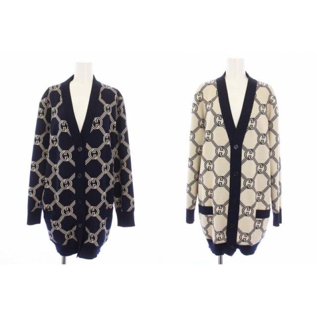 【中古】未使用品 グッチ GUCCI タグ付き GGウール ジャカード リバーシブルカーディガン M 紺 白 692696の通販は