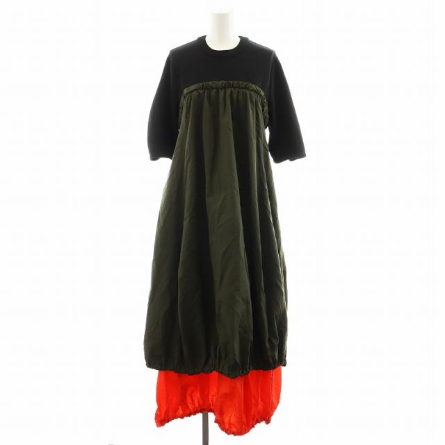 【中古】OMMO IRREGULAR PATTERN LAYERED OP ワンピース ロング丈 半袖 F カーキ オレンジ 黒 ブラックの通販は 27,800円