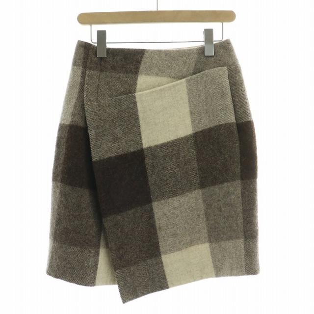 【中古】バレンシアガ BALENCIAGA ラップスカート 巻き ひざ丈 ウール アルパカ シルク混 チェック 34 茶 ベージュ