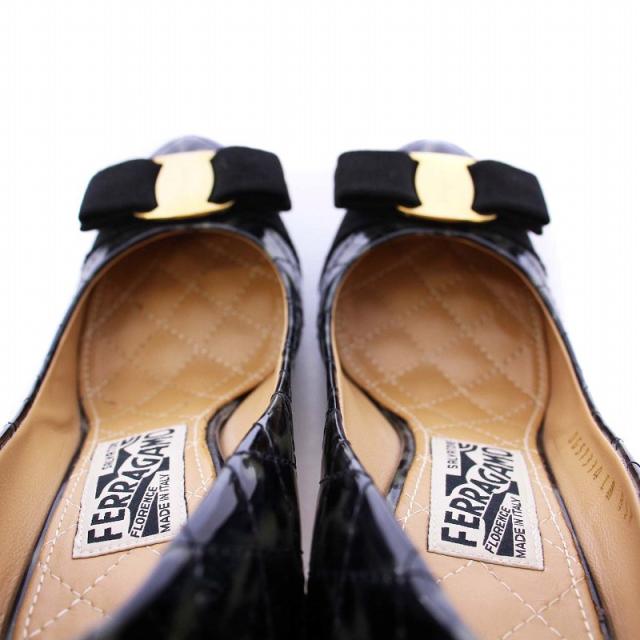 【中古】サルヴァトーレフェラガモ ヴァラ パンプス ハイヒール レオパード エナメル 5.5C ブラック /KH レディース