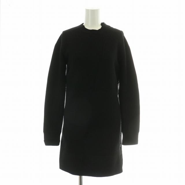 【中古】エルメス HERMES ニットワンピース ひざ丈 長袖 クルーネック ウール シルク混 サイドボタン 34 黒
