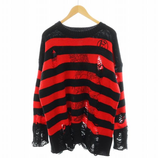 【中古】エースコレクション × A GOOD BAD INFLUENCE ニット セーター 長袖 ボーダー柄 ダメージ加工 赤 黒