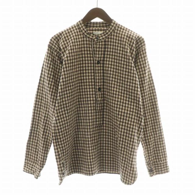 【中古】ウエアハウス WAREHOUSE カジュアルシャツ 長袖 バンドカラー ハーフボタン 裏起毛 チェック柄 38 茶