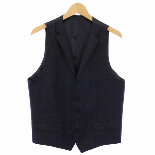 【中古】ヒューゴボス ウインドウペン スリーピース スーツ 上下 ジャケット ベスト パンツ 48 ネイビー メンズ 中古】ヒューゴボス ウインドウペン スリーピース スーツ 上下