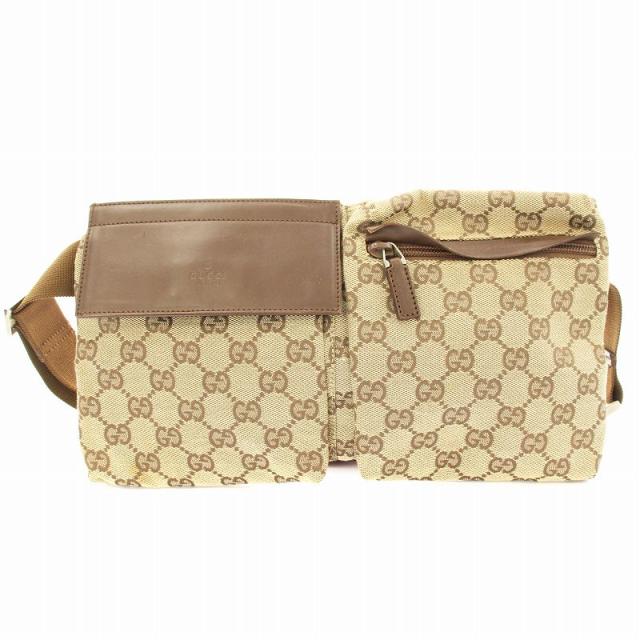 【中古】グッチ GUCCI 28566 GGキャンバス レザー ボディバッグ ウエストバッグ ベージュ 茶 ブラウン