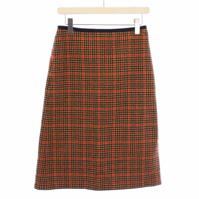 【中古】ドゥロワー セミタイトチェックスカート ひざ丈 スリット ウール シルク アルパカ混 モヘヤ混 36 茶 赤 黒