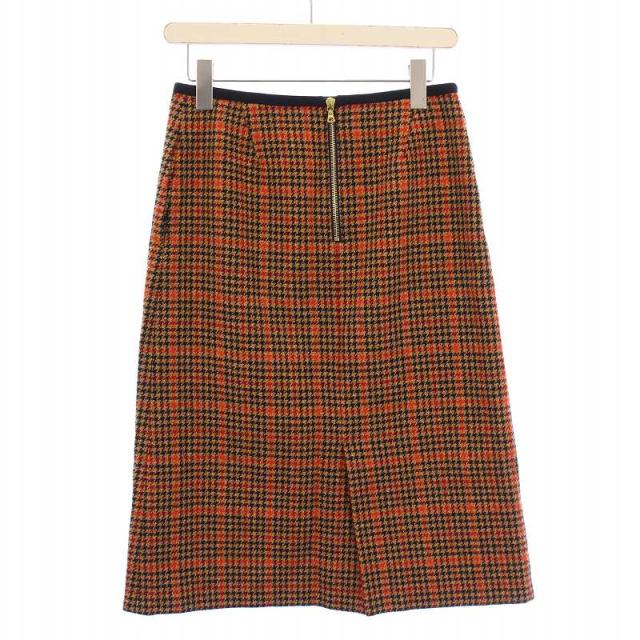 【中古】ドゥロワー セミタイトチェックスカート ひざ丈 スリット ウール シルク アルパカ混 モヘヤ混 36 茶 赤 黒 中古】ドゥロワー セミタイトチェックスカート ひざ丈 スリット ウール