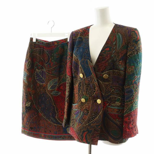 【中古】レオナール スーツ セットアップ 上下 ジャケット ダブル タイトスカート ひざ丈 9AR 63-90 マルチカラー