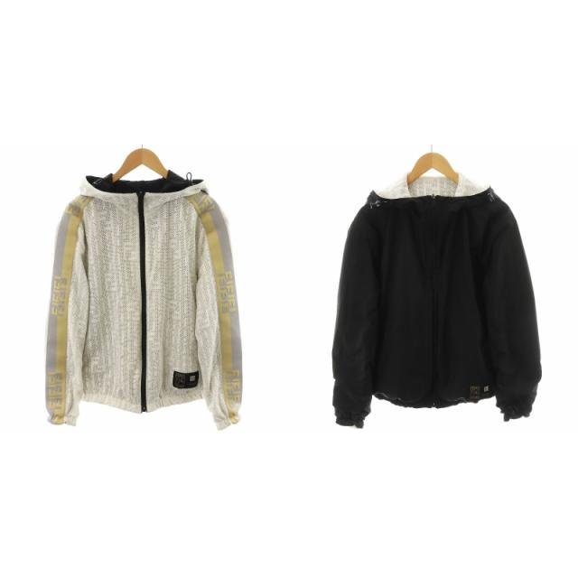 【中古】フェンディ FENDI 20年製 ズッカ柄 パーカー ジップアップ メッシュ地 リバーシブル 46 黒 ブラック 白