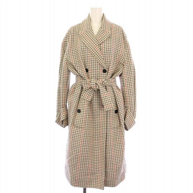 【中古】マージュ Maje チェスターコート アウター ロング丈 ダブル ウール混 チェック柄 ベルト 40 ベージュ