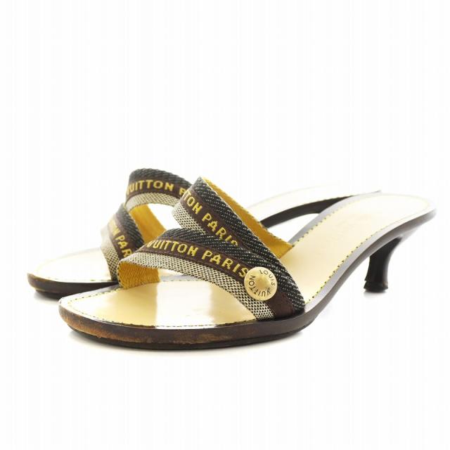 ルイヴィトン LOUIS VUITTON サンダル ヒール ロゴ レザー 37.5 ベージュ 茶 ブラウン /AN7 レディース