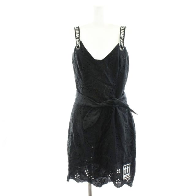 【中古】オフホワイト OFF WHITE ワンピース ミニ丈 ノースリーブ ロゴ アイレットレース リボンベルト 42 黒