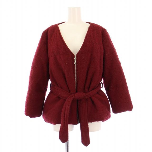 【中古】ドリスヴァンノッテン ダウンジャケット ノーカラー アウター Vネック ショート丈 ピリング加工 ウール 赤