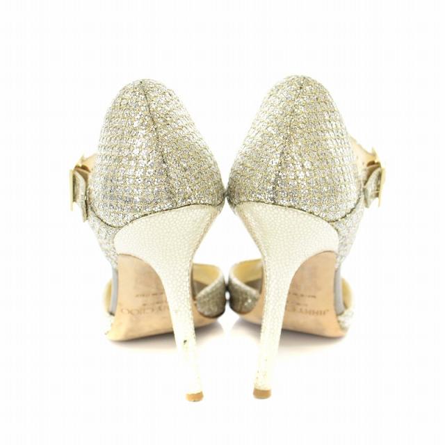中古】ジミーチュウ Champagne Glitter Fabric Peep Toe Pumps