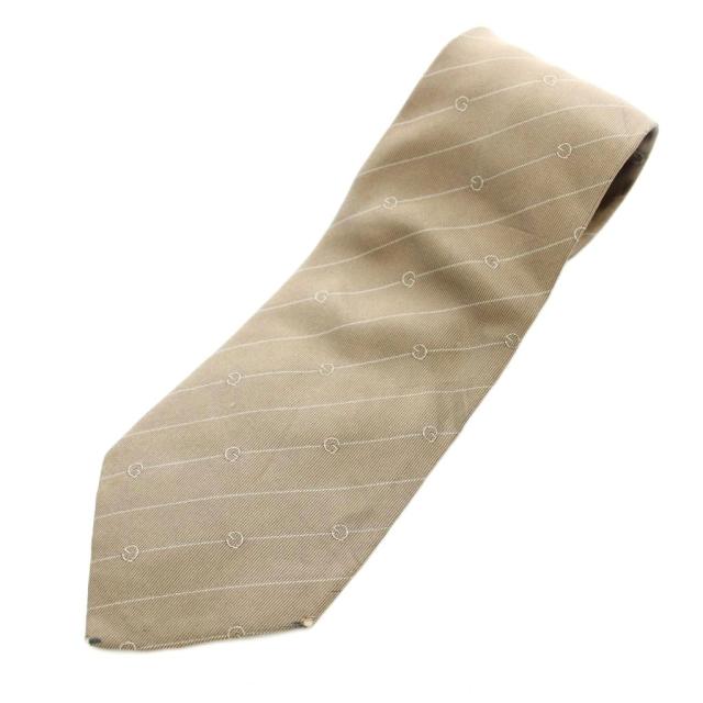 【中古】グッチ GUCCI ネクタイ レギュラータイ ストライプ柄 ロゴ プリント シルク グレージュ /KU メンズ