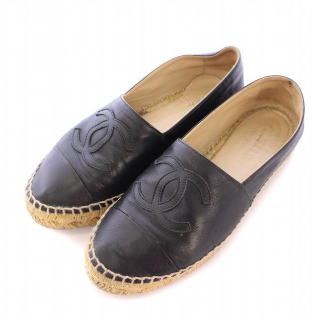 【中古】シャネル CHANEL スリッポン シューズ ローカット 厚底 ココマーク レザー エスパドリーユ ロゴ 37 黒