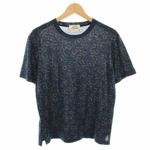 【中古】エルメス HERMES Tシャツ カットソー クルーネック 半袖 ホースビットプリント 総柄 コットン XS 紺 メンズ