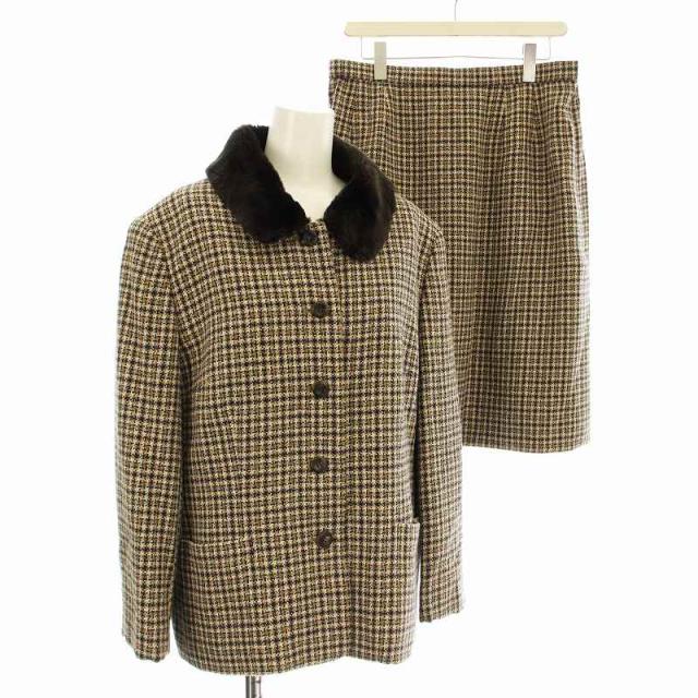 【中古】バーバリーズ Burberrys ツイード スーツ セットアップ チェック スカート ひざ丈 ジャケット 15BR 茶