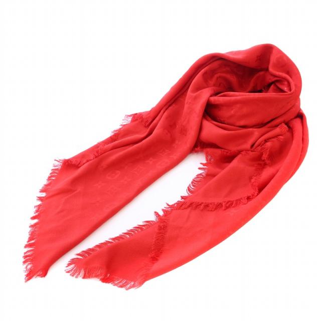 【中古】ルイヴィトン LOUIS VUITTON ショールモノグラム ストール フリンジ ロゴ シルク 赤 レッド