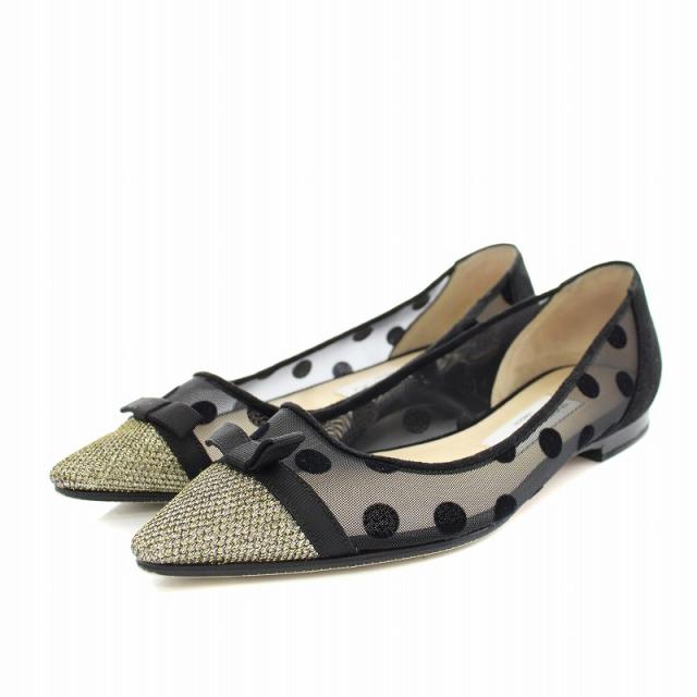 【中古】ジミーチュウ DOROTHY FLAT パンプス ポインテッドトゥ ドット柄 シアー 35 22.0cm 黒 ゴールド レディース