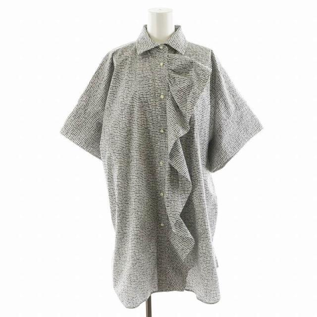 【中古】マックスマーラ MAX MARA シャツワンピース 総柄 半袖 ひざ丈 36 白 ホワイト 黒 ブラック 122126926