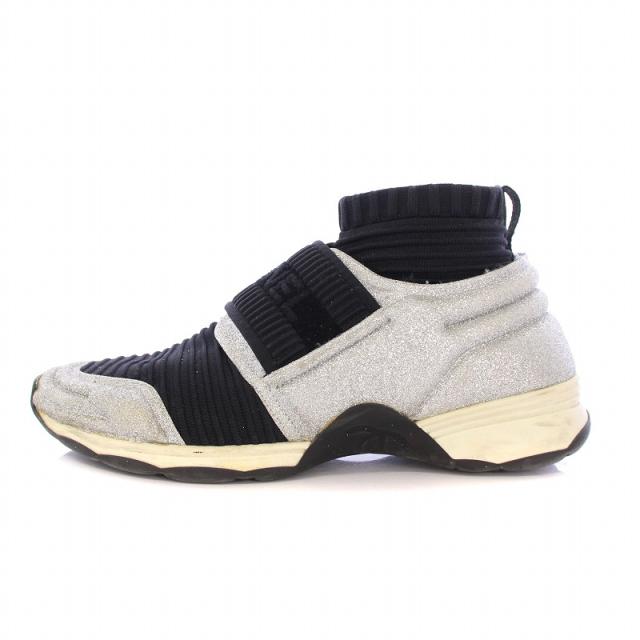 【中古】シャネル CHANEL ソックススニーカー ハイカット シューズ ラメ 切替 ロゴ 黒 ブラック シルバーカラー