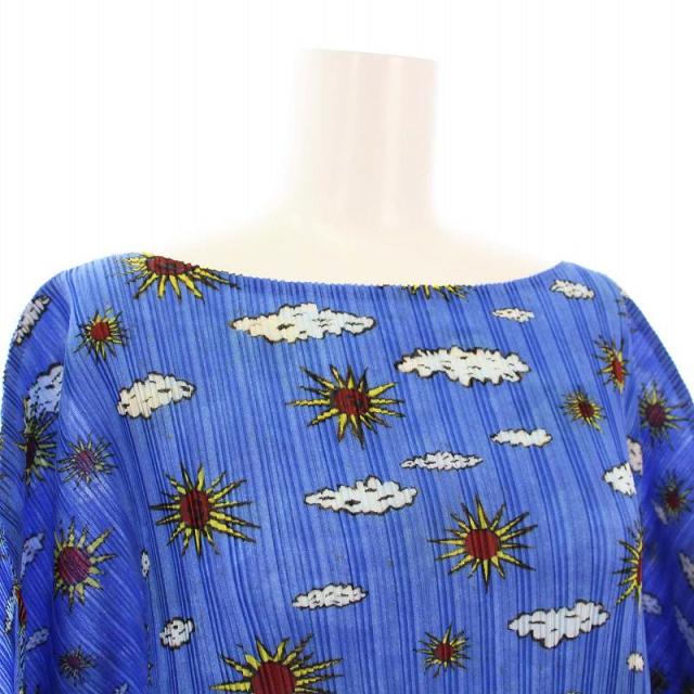 【中古】プリーツプリーズ PLEATS PLEASE イッセイミヤケ プリーツカットソー ブラウス ドルマンスリーブ 総柄 ブルー