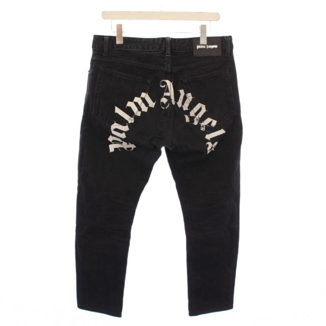 【中古】パームエンジェルス PALM ANGELS デニムパンツ ジーンズ ボタンフライ カーブロゴ プリント 牛革 32 黒