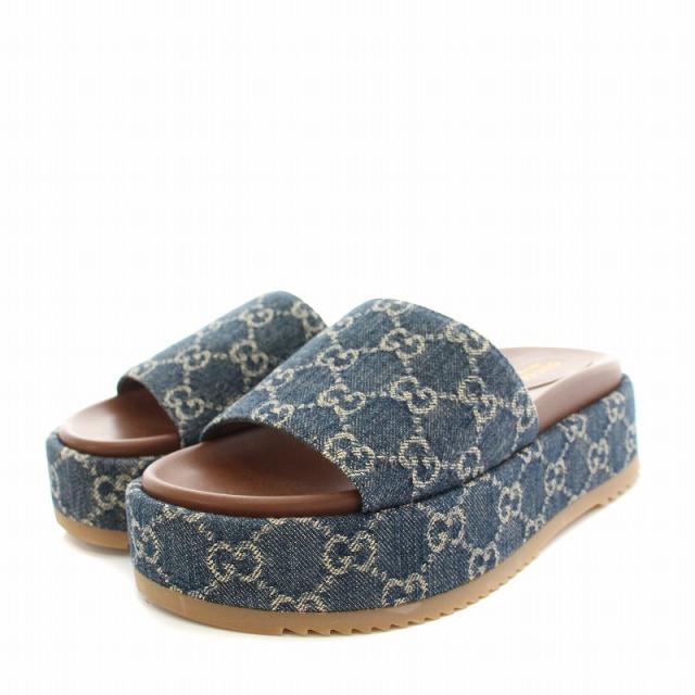 【中古】グッチ ウィメンズプラットフォームスライドサンダル デニム GG柄 ロゴ 厚底 37 紺 白 623212 レディース