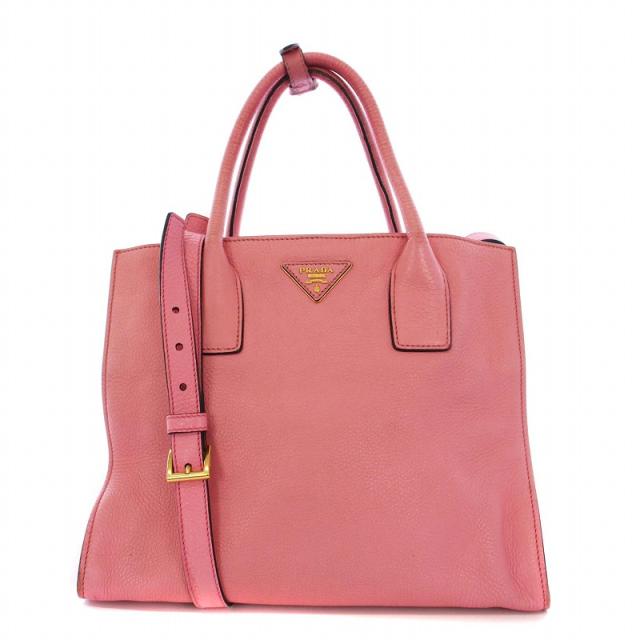 【中古】プラダ PRADA トートバッグ ハンドバッグ ショルダーバッグ 2WAY 三角プレート ゴールド金具 レザー ピンク