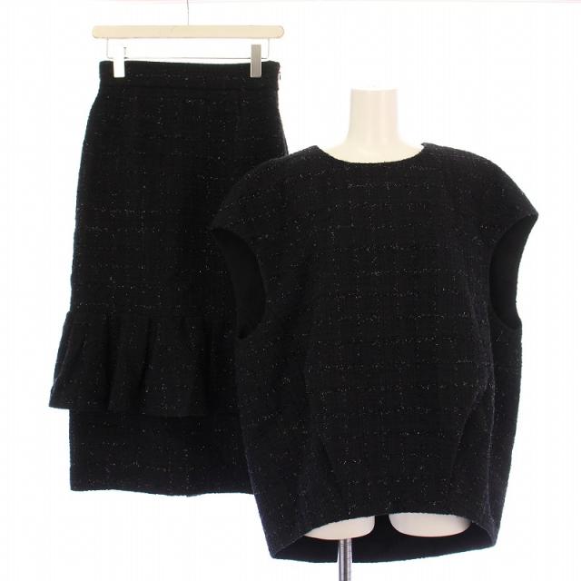 【中古】アドーア フィルムモールツイードブラウス セットアップ タイトスカート ミモレ ロング ウール 黒