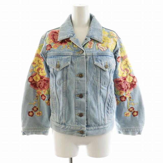 【中古】グッチ GUCCI デニムジャケット ジージャン Gジャン 花刺繍 裏地チェック柄 麻 リネン 38 インディゴ 505667