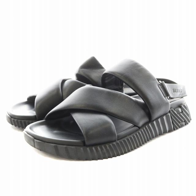 【中古】エルメス HERMES エレクトリック Hロゴ サンダル ストラップ レザー 27.0cm 黒 ブラック /AN6 メンズ