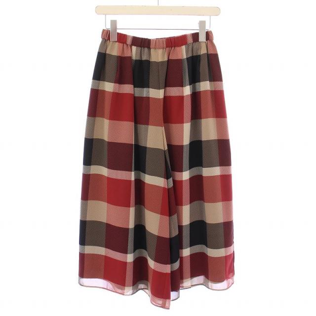 【中古】ブルーレーベルクレストブリッジ ワイドパンツ イージー ウエストゴム チェック柄 38 赤 ベージュ