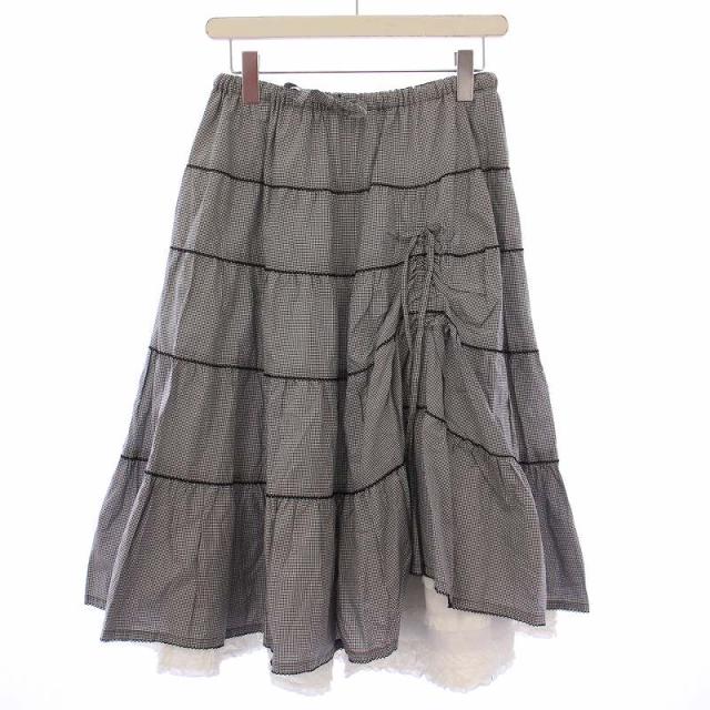 【中古】ピンクハウス フレアスカート ギャザー イージー ミモレ ロング ウエストゴム リボン チェック柄 F 黒 白