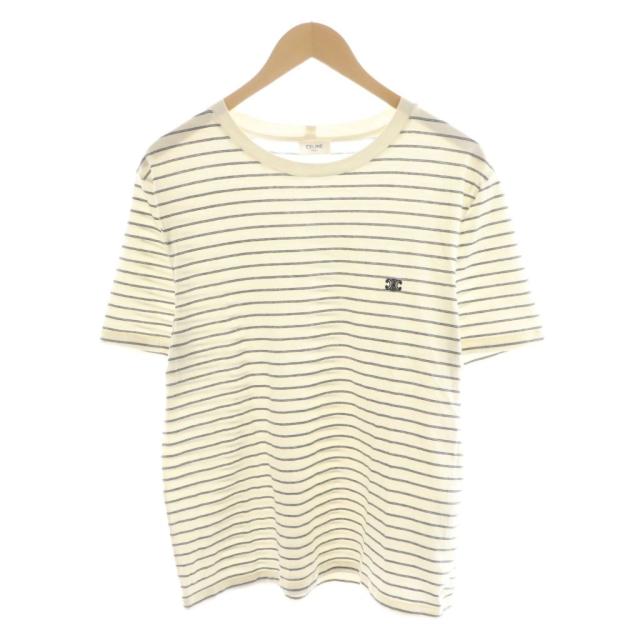 【中古】セリーヌ CELINE トリオンフ レギュラー Tシャツ カットソー 半袖 ボーダー M グレー 白 ホワイト 2X66H680I